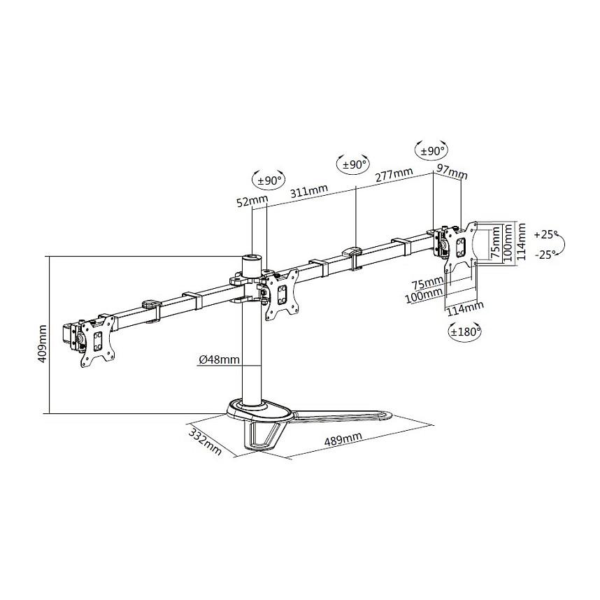 Mbajtëse për Monitor Equip 650125 , 3 Monitorë , 17–27" , deri 7kg për monitor , me sustë gazi , e rregullueshme , VESA 75x75 & 100x100 - Zezë - 7