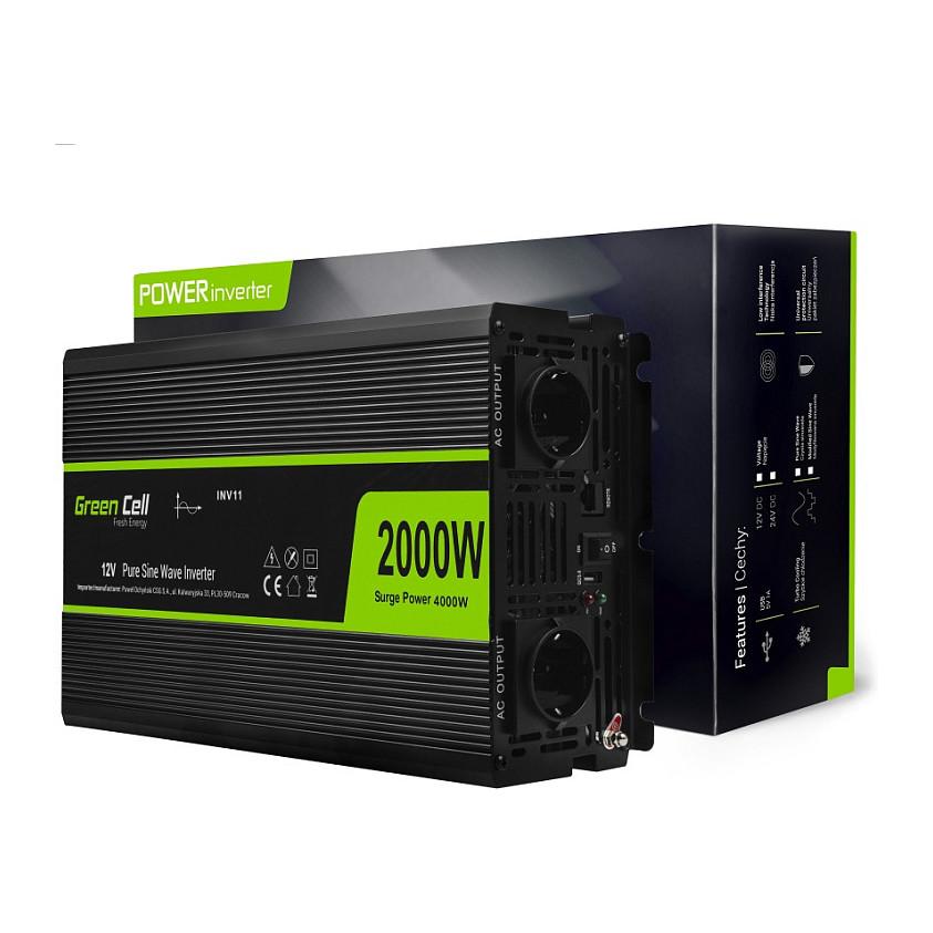 Inverter Green Cell INV11, 2000 W, 12 V DC në 230 V AC, valë sinusoidale të pastër – Zezë