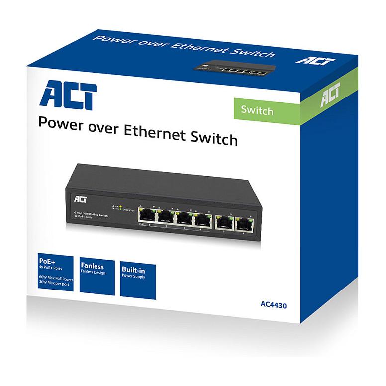 Switch ACT AC4430, 6x Fast Ethernet RJ45, 4x PoE+, PoE 60W, Layer 2 - Zezë - 4