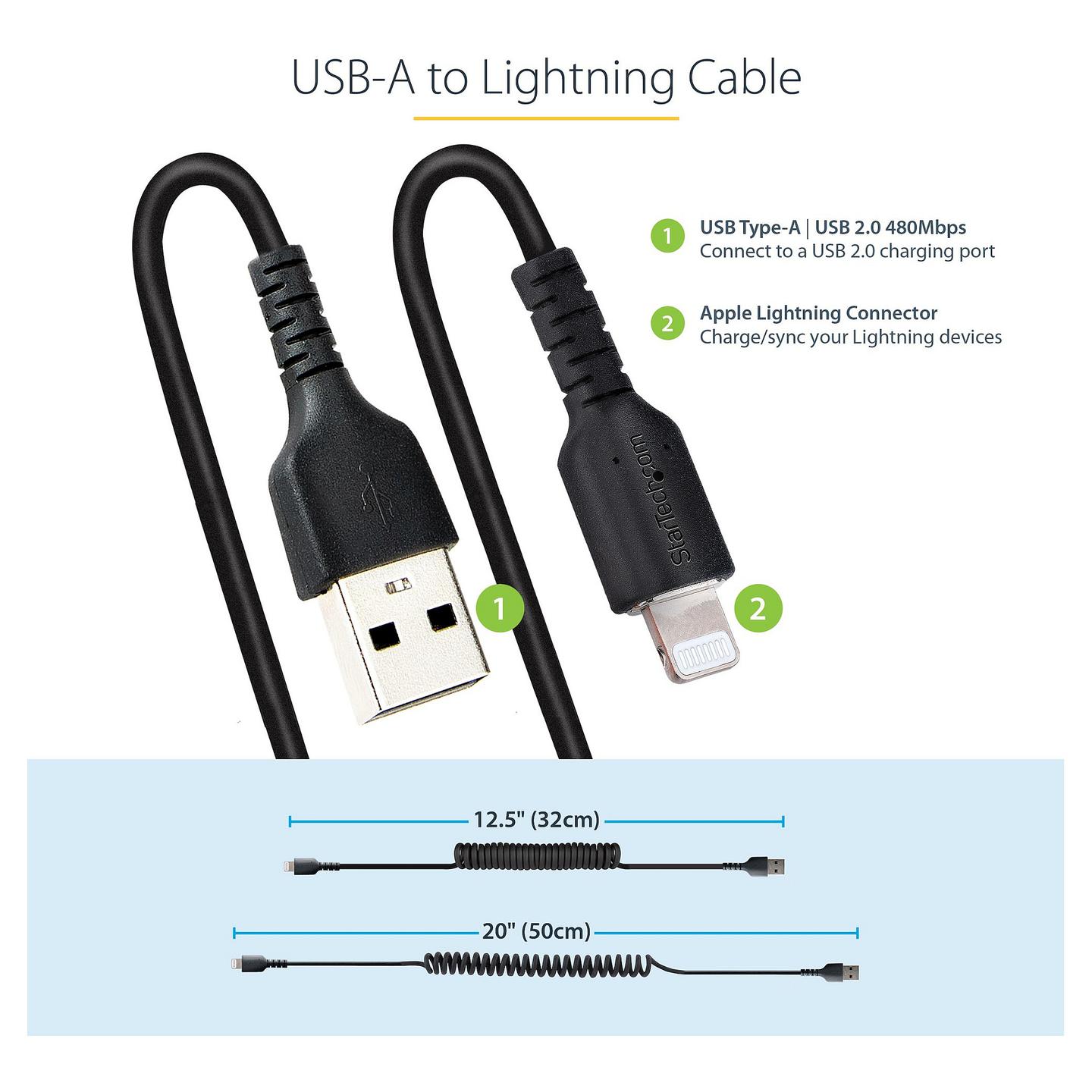 Kabllo USB StarTech.com RUSB2ALT50CMBC, USB-A në Lightning, 50 cm, USB 2.0, 480 Mbps, spirale, MFi - Zezë - 8