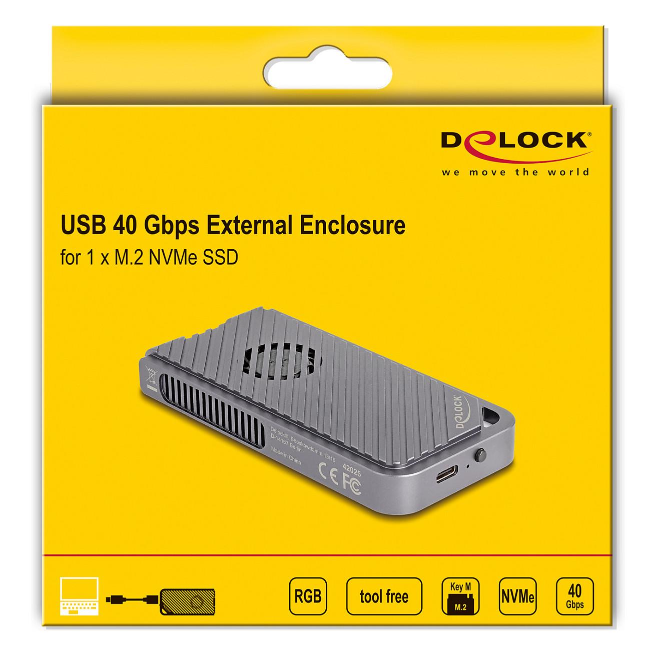 Këllëf për Disqe DeLOCK 42025 / M.2 NVMe 2280 / USB 40Gbps / USB-C / LED / Ventilator - Hiri - 5