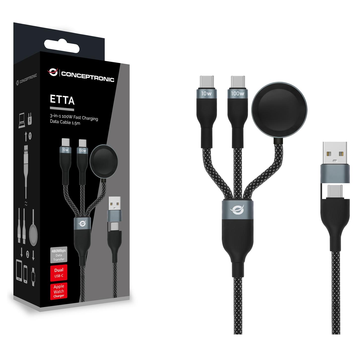 Kabllo USB Conceptronic ETTA08B15 / USB-A në 2x USB-C / USB 2.0 / 480 Mbit/s / 100W / 5A / E-Mark / Karikues për Apple Watch / 1.5m - Zezë - 2