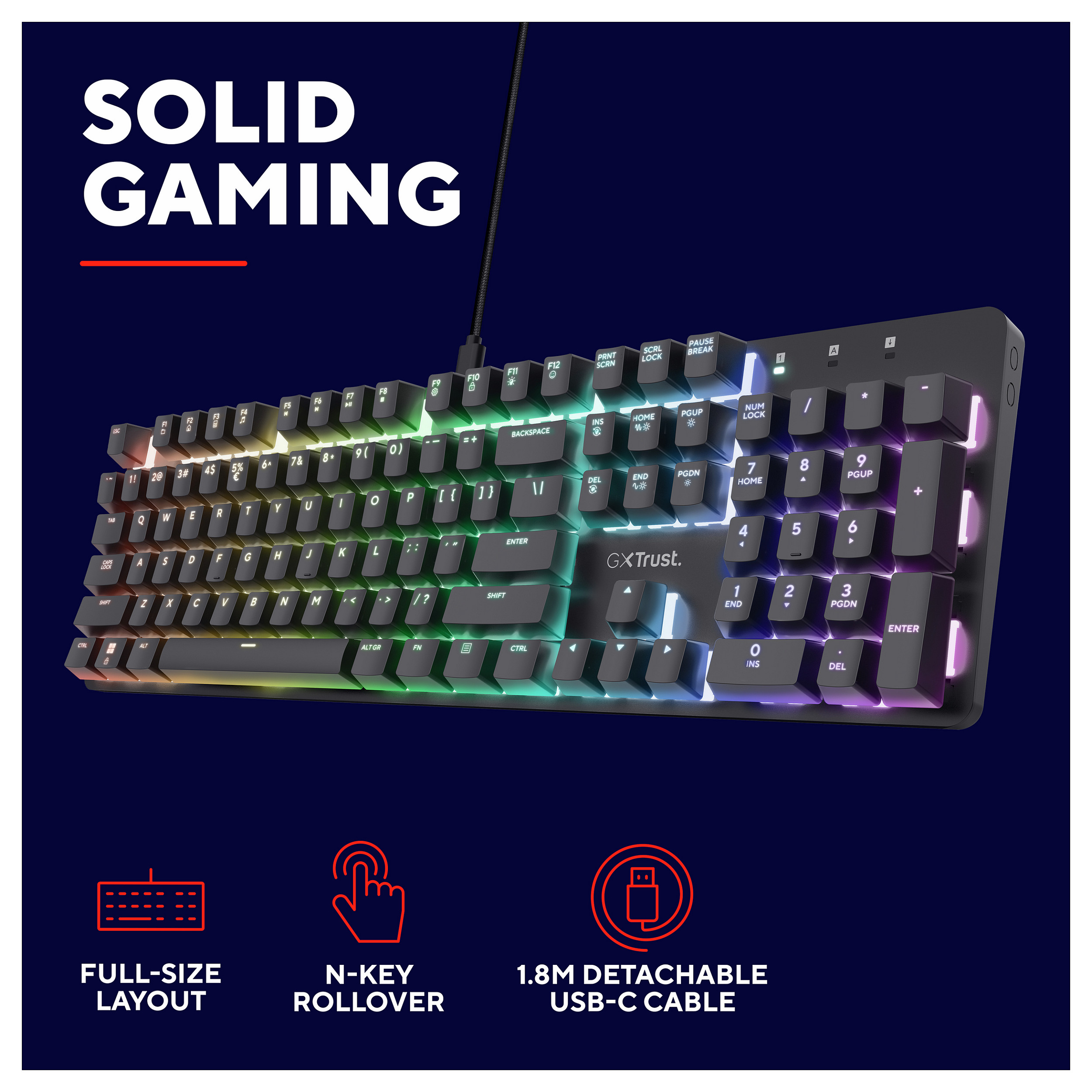 Tastierë Gaming Trust GXT 871 Zora / Full-Size / Mekanike / Huano Linear / N-Key Rollover / Anti-Ghosting / RGB / QWERTZ Gjerman / USB-C - Zezë - 7