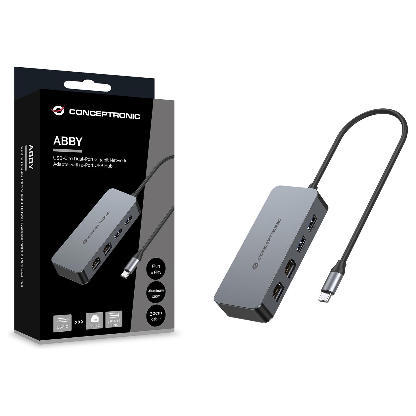 Adapter Conceptronic ABBY24G, USB-C, 2x RJ45 Gigabit, 2x USB-A 3.2 Gen 1, 5Gbps - Hiri - 5