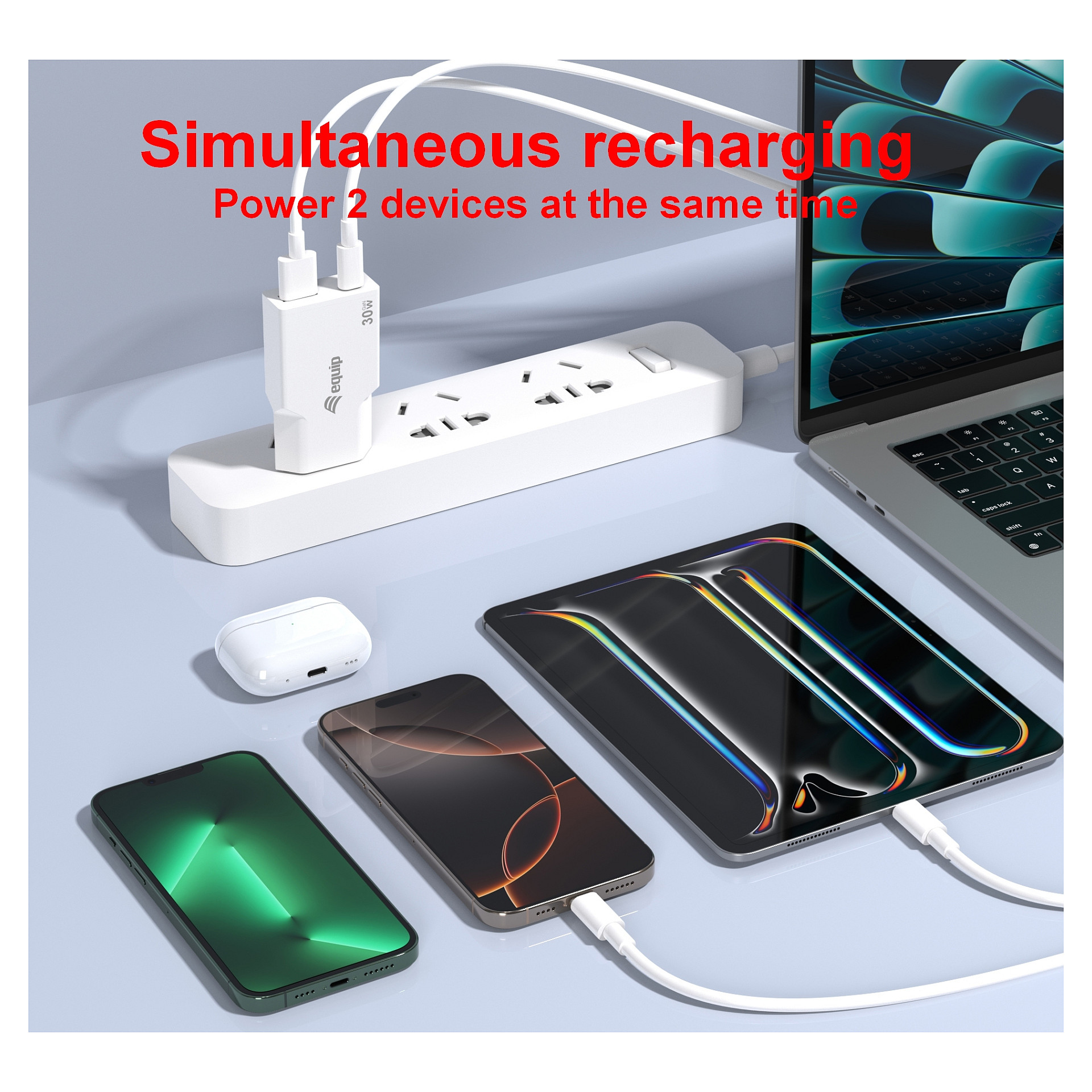 Karikues Equip / GaN Slim Wall Charger / 30W / GaN / USB-C + USB-A - Bardhë - 7