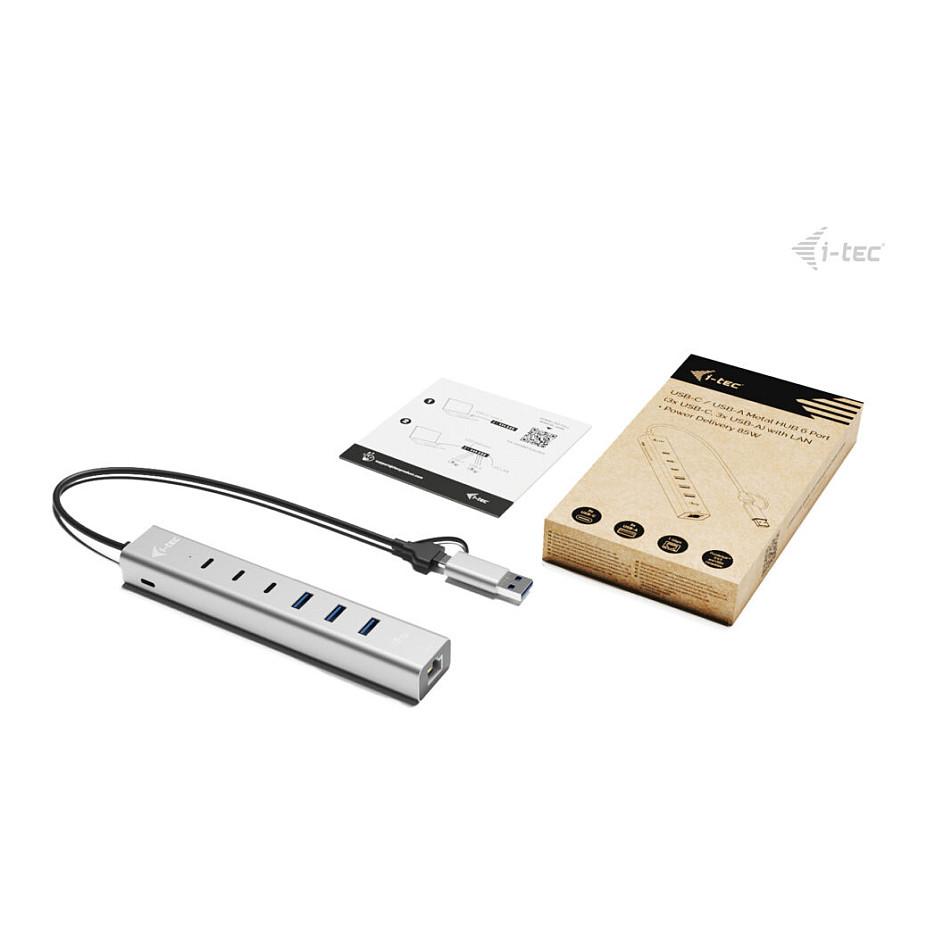 Hub USB-C/USB-A i-tec CAHUBMETAL6LANPD, 3× USB-C, 3× USB-A, Gigabit Ethernet, 85W PD - Argjend - 4