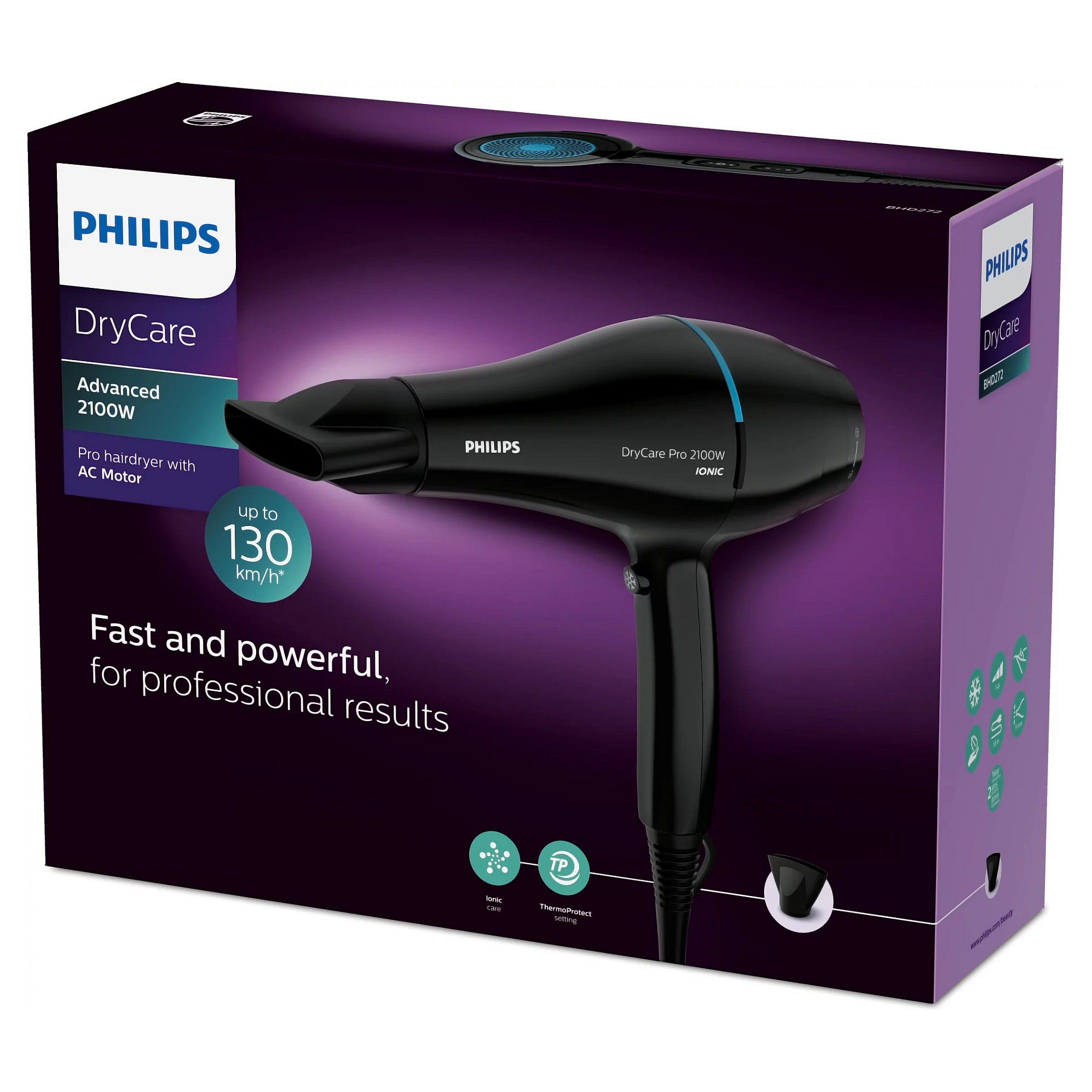 Tharëse për flokë Philips DryCare Pro BHD272/00 / 2100W / AC / ThermoProtect / Ionic Care / 130 km/h / 6 Cilësime / Koncentrator 9mm – Zezë - 2