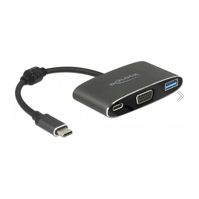 Adapter Video DeLOCK 62992 / USB-C në VGA / USB 3.1 Gen 1 / WUXGA 1920 x 1200 @ 60Hz / USB-A + USB-C PD - Hiri