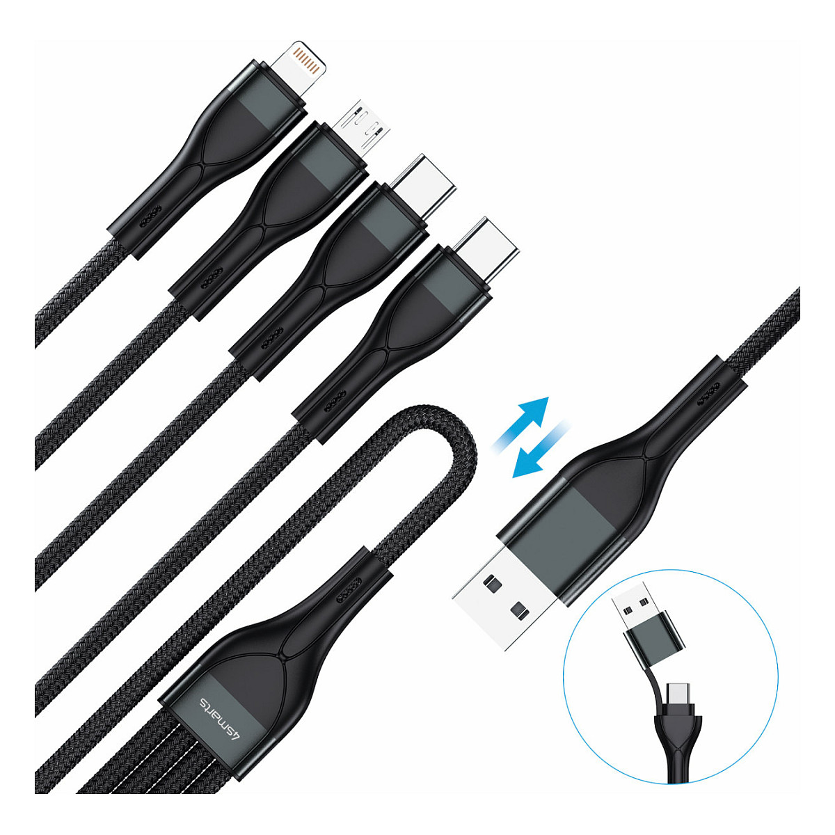 Kabllo USB 4smarts 541023 / USB-A/USB-C në USB-C/Micro-USB/Lightning / 1.2 m - Zezë - 3