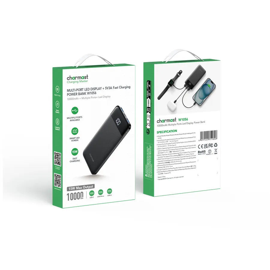 Powerbank CHARMAST W1056 / 10000mAh / 5V 3A / USB-C / USB-A / Micro-USB / LED Display - Zezë - 5