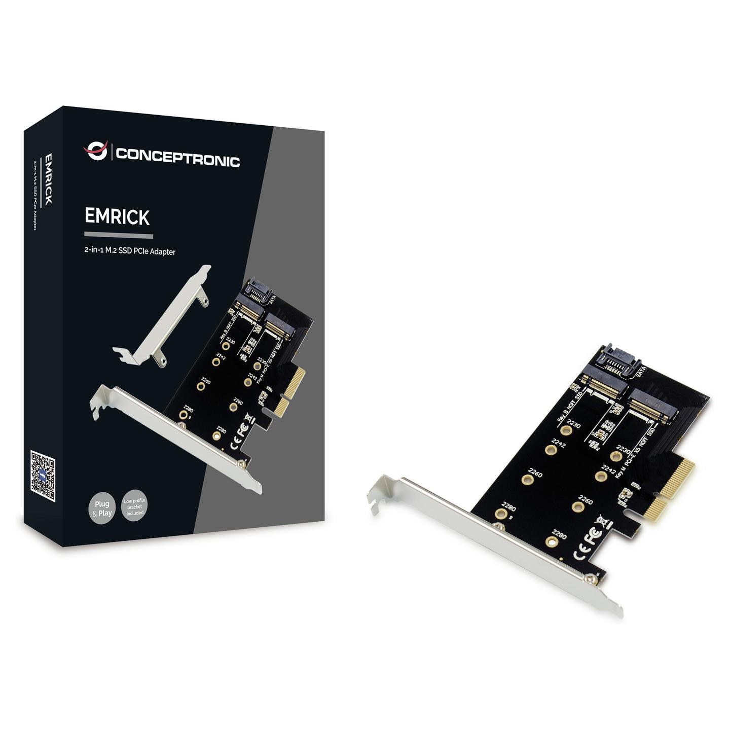 Kartë Zgjerimi Conceptronic EMRICK04B, PCI Express 3.0 x4, 1x M.2 SATA + 1x M.2 NVMe, 2230/2242/2260/2280, deri 32GT/s, Low Profile - Zezë - 3