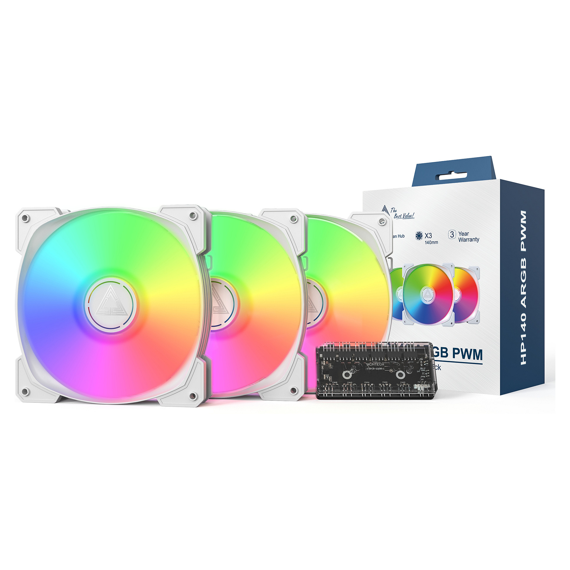 Ftohës për Kasë Montech HP140 ARGB PWM / 140mm / 600-1600 RPM / ARGB / PWM / 3-Pack – Bardhë - 2