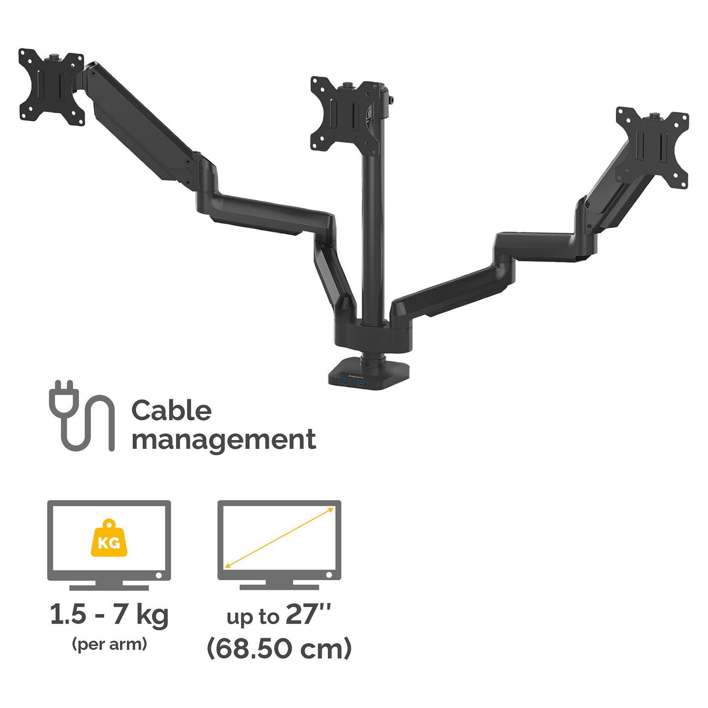 Mbajtëse për Monitor Fellowes Platinum Series 8042601 / 3 Monitorë / 27" / 7kg për Monitor / Gas Spring / Clamp-Grommet / Tilt ±45° / Pan 180° / Rotacion 360° - Zezë - 3