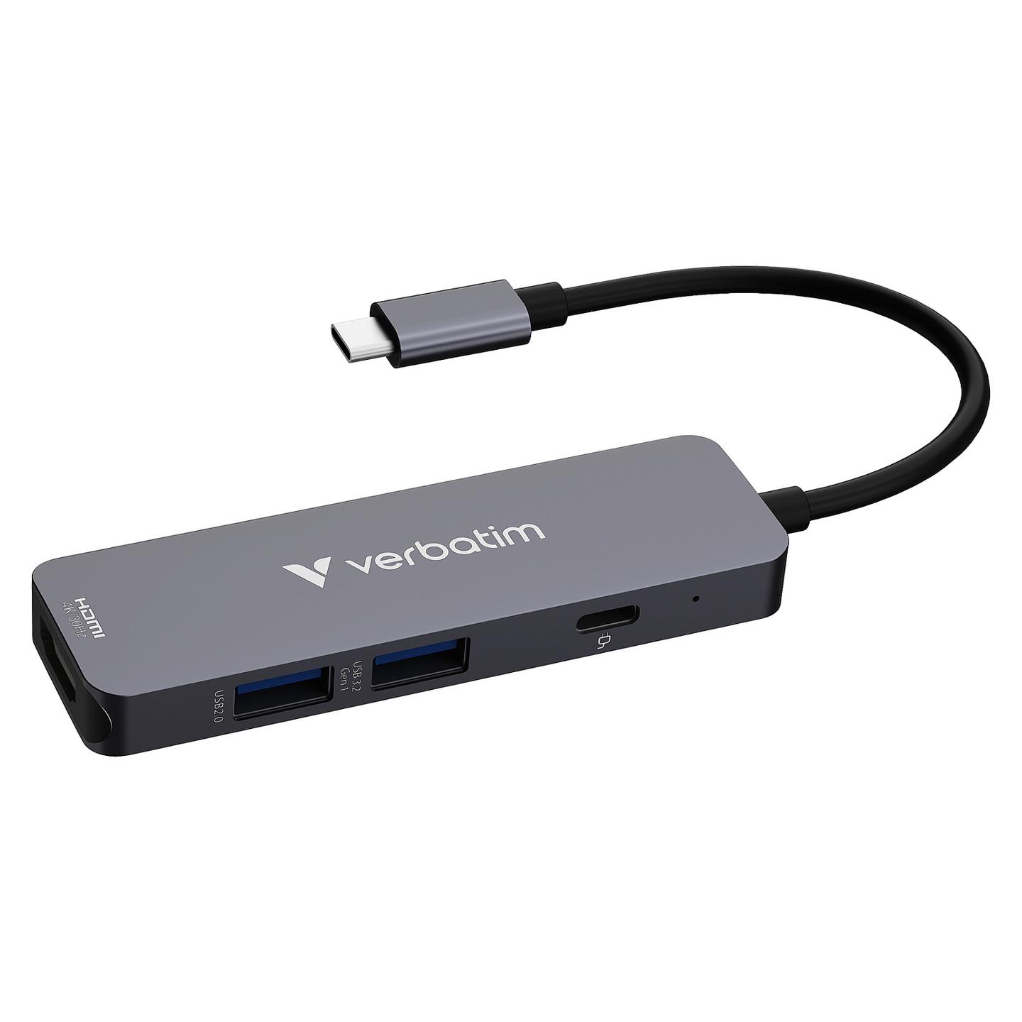 Hub USB-C Verbatim 32155, HDMI 4K@30Hz, USB-A 3.2 Gen 1 5 Gbps, USB-A 2.0, USB-C PD 100W, 18 cm – Gri