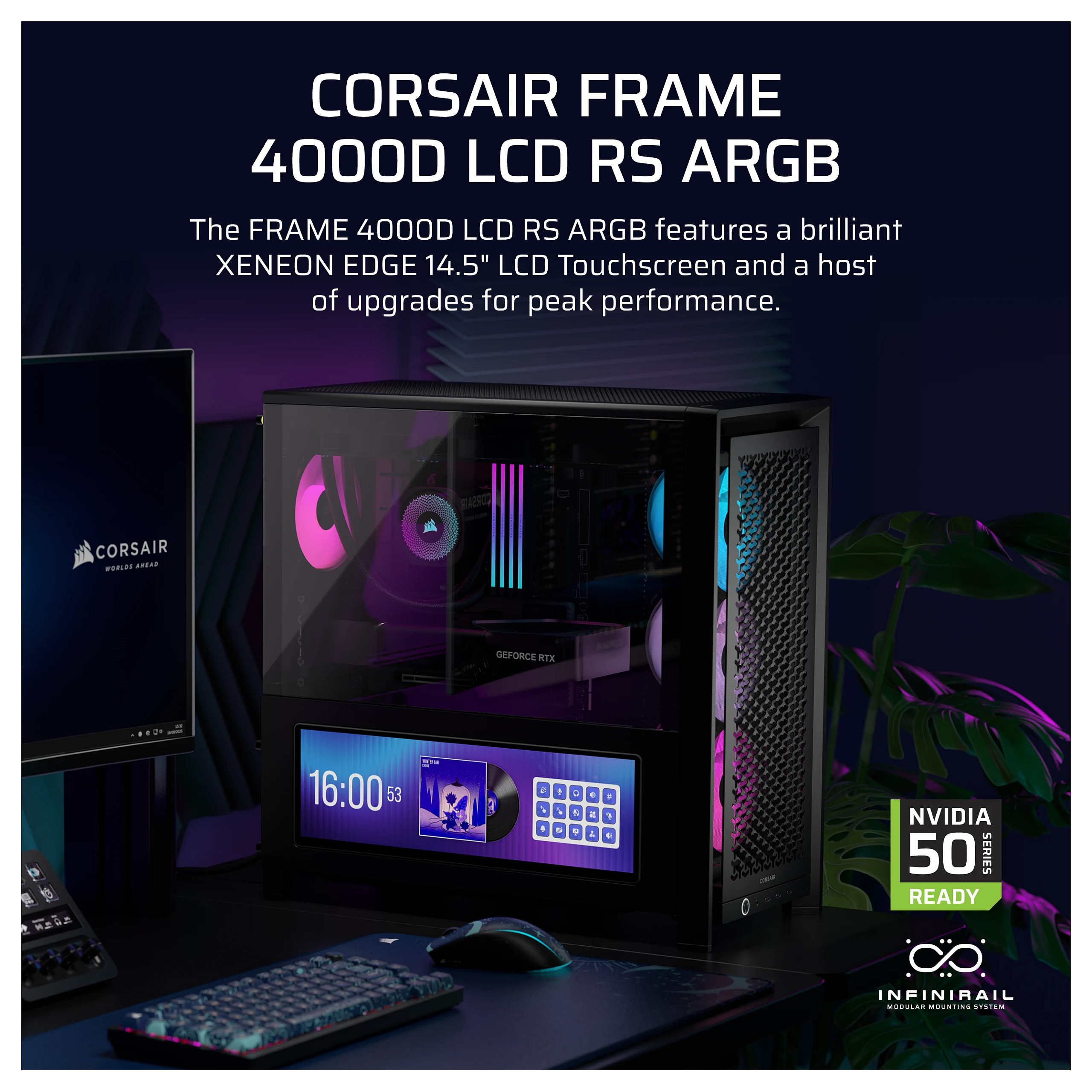 Kasë PC Corsair FRAME 4000D LCD RS ARGB / Midi Tower / E-ATX + ATX / 3x 120mm + 1x 120mm RS120 ARGB Fan / 14.5" LCD / Tempered Glass - Zezë - 3