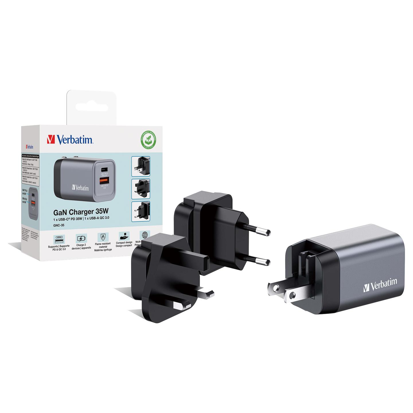 Karikues Verbatim GNC-35, GaN, 35W, USB-C PD 3.0, USB-A QC 3.0, Adapterë EU/UK/US – Gri - 4