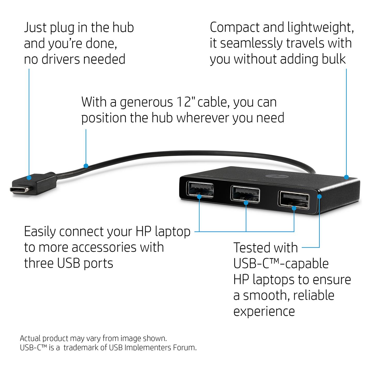 Hub USB HP Z6A00AA / USB-C në 3x USB-A / 2x USB 3.0 + 1x USB 2.0 / Kabllo e integruar - Zezë - 4