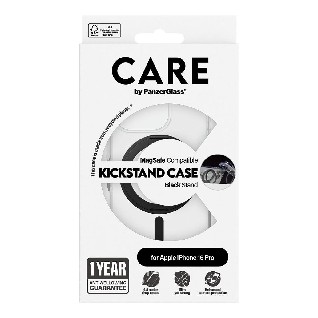 Case për Telefon CARE by PanzerGlass Feature, iPhone 16 Pro, Kickstand 360°, MagSafe – Transparent me Mbajtëse të Zezë - 3