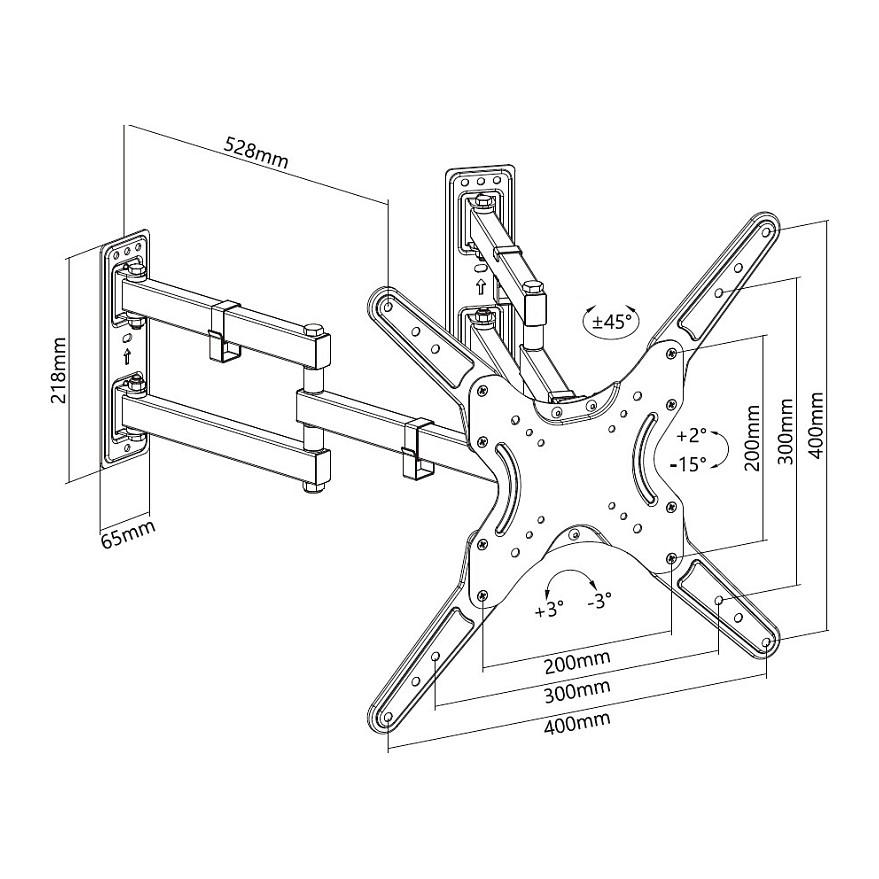 Mbajtëse Muri për TV Equip 650328 / 23"-55" / 45kg / Full Motion / Corner / Tilt -15° deri +2° / Swivel ±45° - Zezë - 8
