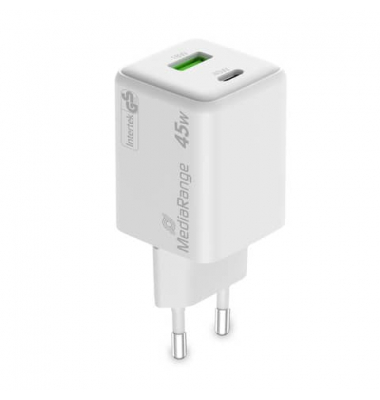 Karikues MediaRange MRMA113-2 / GaN / 45W / USB-C / USB-A / PD 3.0 / QC 3.0 - Bardhë - 2
