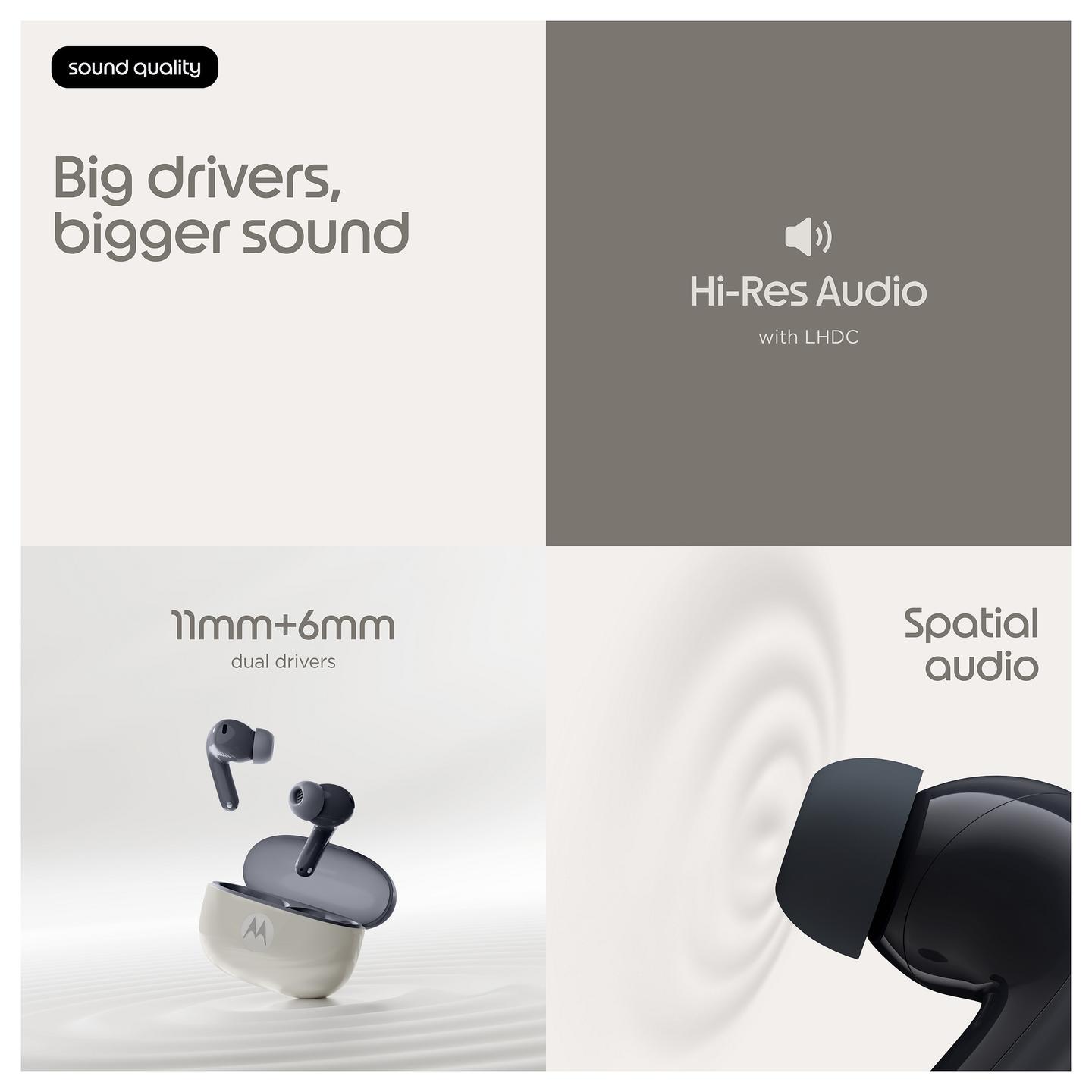 Kufje pa kabllo Motorola Moto Buds 2 / TWS / Bluetooth 6.0 / 11mm + 6mm / Dynamic ANC / Hi-Res Audio / 6 Mikrofona / IP54 - Carbon - 13