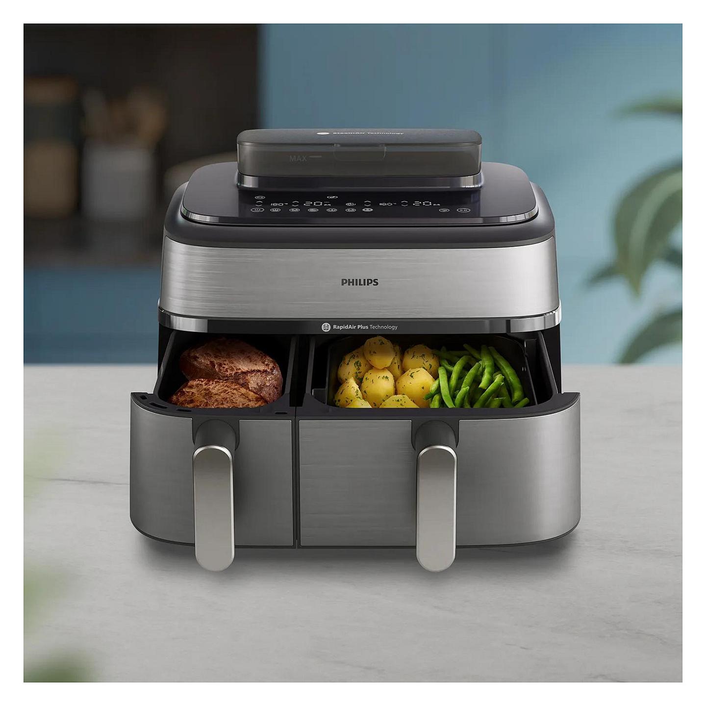 Fryer Philips 5000 Series Dual Basket / NA555/00 / 9L / 2750W / 2 Sirtarë / 12 Programe / 40–200°C / RapidAir Plus / Air Steam / Sync – Argjend/Zezë - 2