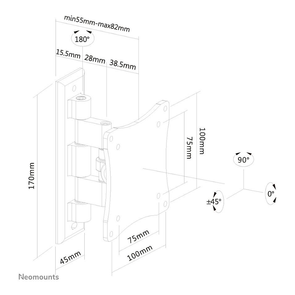 Mbajtëse për TV Neomounts FPMA-W810BLACK / 10–27" / deri 12kg / VESA 75x75–100x100 / Full Motion / Montim në Mur - Zezë - 3