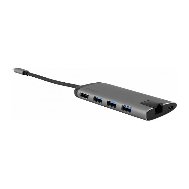 Hub USB Verbatim 49142 / USB-C / 3x USB-A / HDMI 4K / RJ45 Gigabit / SD + MicroSD / USB-C PD / 0.15 m - Zezë/Argjend - 4