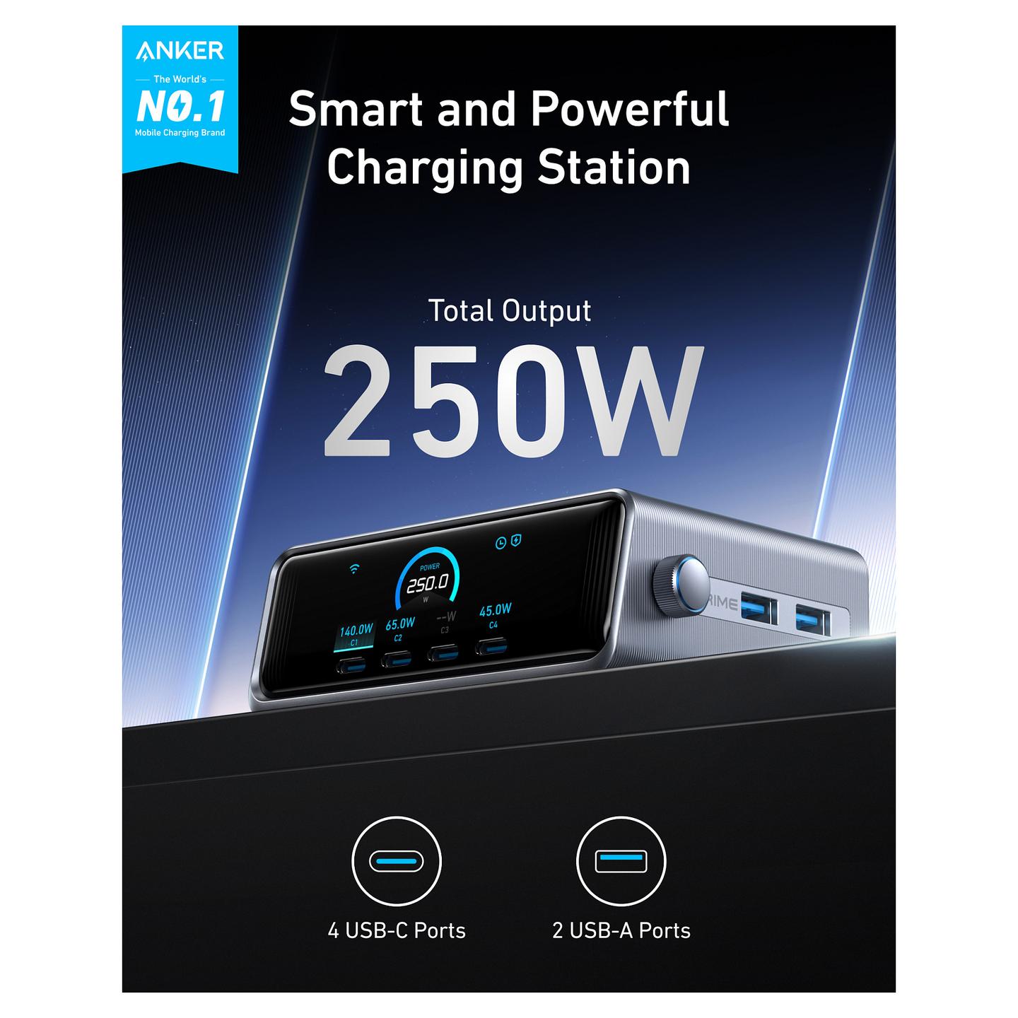 Karikues Anker Prime A2345341, 250W, 6 porta, USB-C dhe USB-A, GaNPrime, ekran LCD 2.26" - Zezë - 2