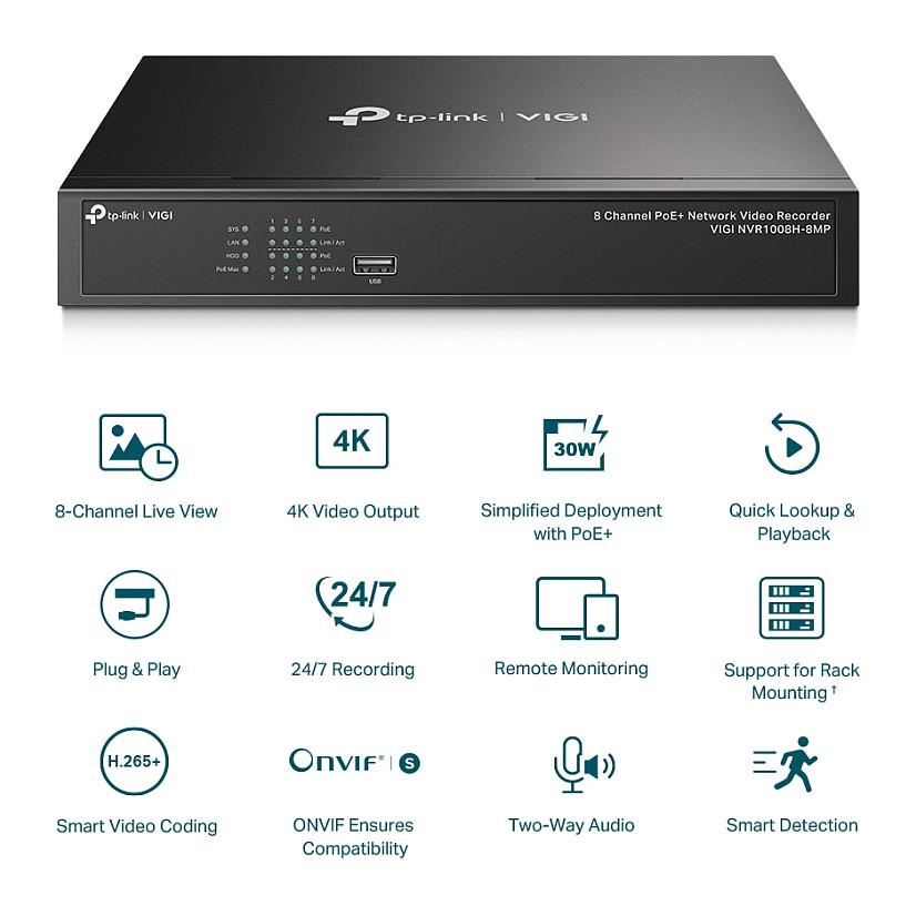 TP-Link VIGI NVR1008H-8MP 8-Channel PoE+ Network Video Recorder – 8× PoE+, 119W, 4K HDMI, 1× SATA deri 10TB, H.265+, ONVIF – Zezë - 2