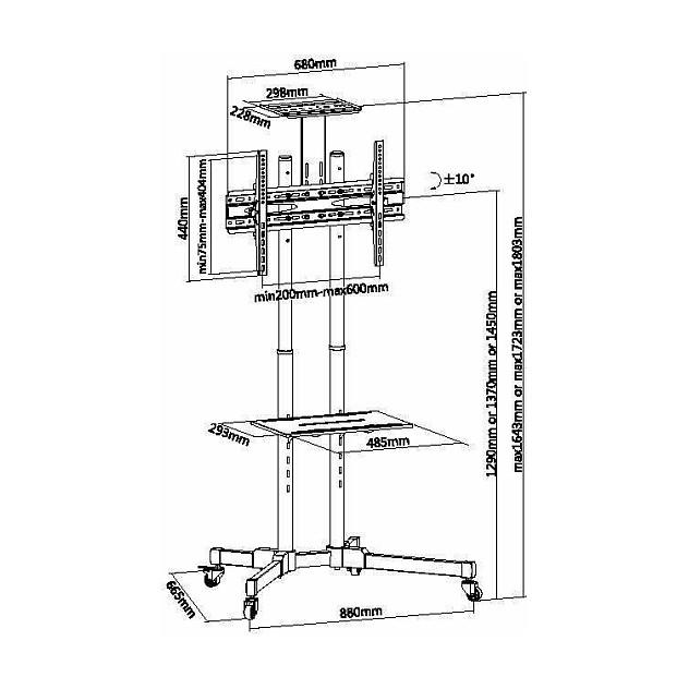 Mbajtëse për TV Equip 650603 , 37–75" , deri 50kg , Karrocë Mobile , e rregullueshme , VESA 100x200–600x400 - Zezë - 7