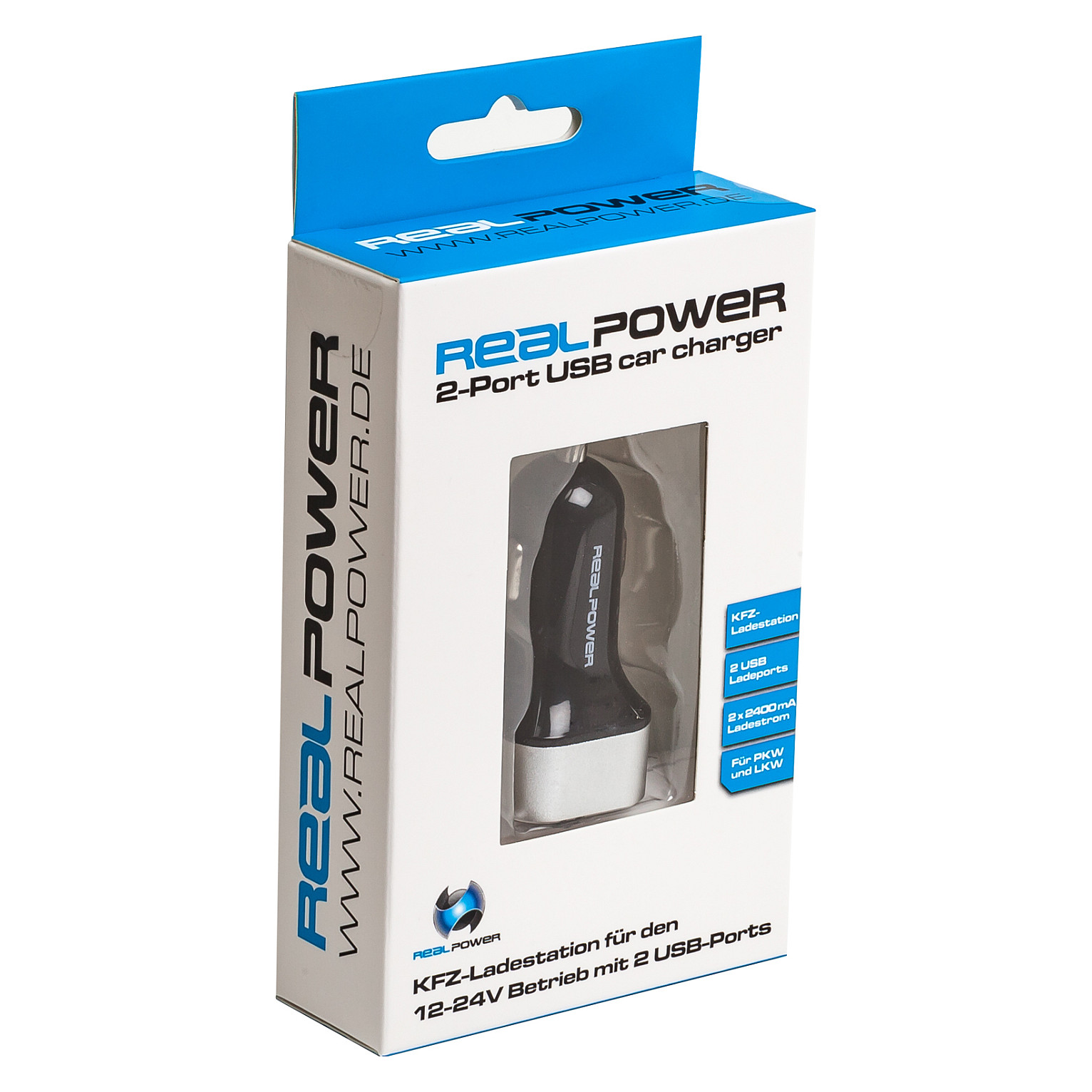 Adapter telefoni për veturë RealPower 176635 / 2x USB 2.0 / 5V – Zezë/Argjendtë - 2