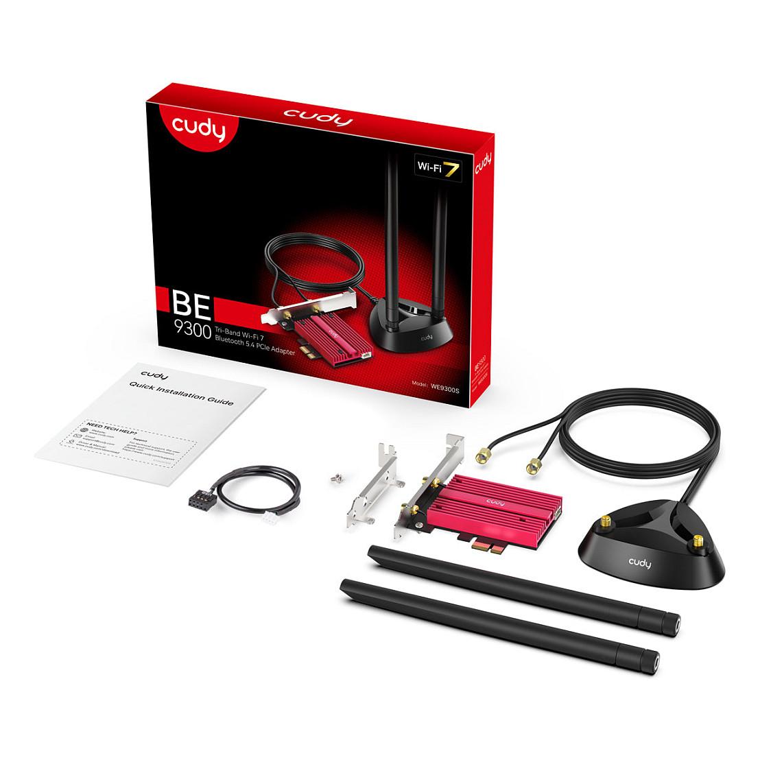 Karta të Rrjetit Cudy WE9300S / PCI Express x1 / Wi-Fi 7 Tri-Band 2.4GHz + 5GHz + 6GHz / 5765Mbps / Bluetooth 5.4 / Intel BE200 / 2x Antenë e jashtme - Zezë/Rozë - 5