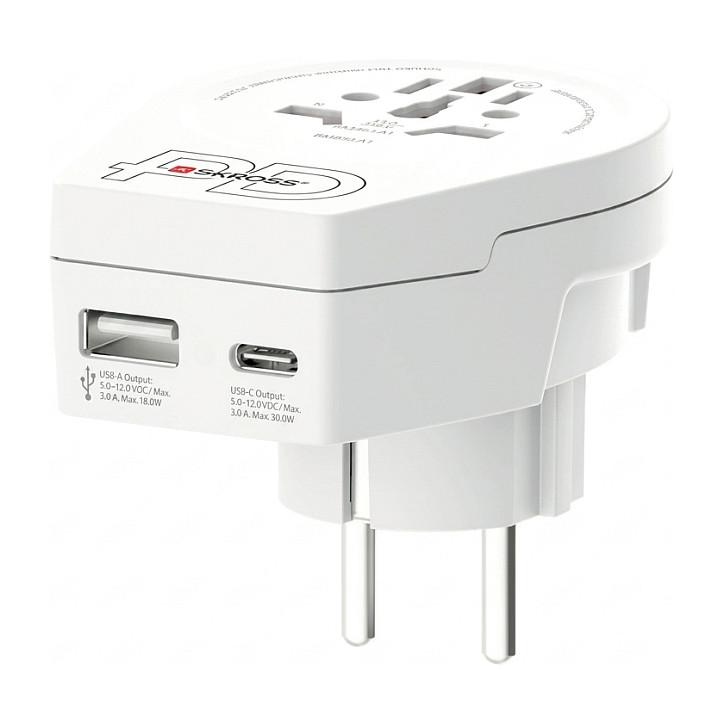 Adapter Udhëtimi SKROSS World to Europe USB AC20PD / 1x USB-C PD 20W / 1x USB-A 18W / Type C, G, A & B, I, J, L & N në Type E & F / 100-250V / 4000W / Universal – Bardhë - 2