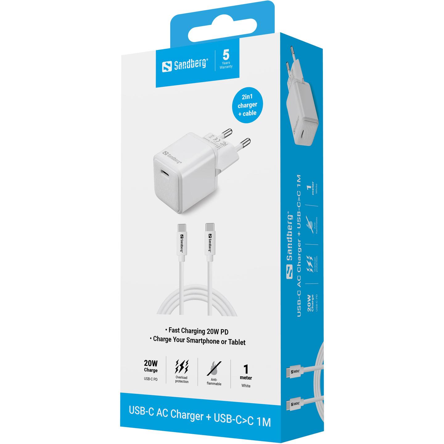 Kabllo & Adapter Sandberg / USB-C / 20W PD / 1m - Bardhë - 4