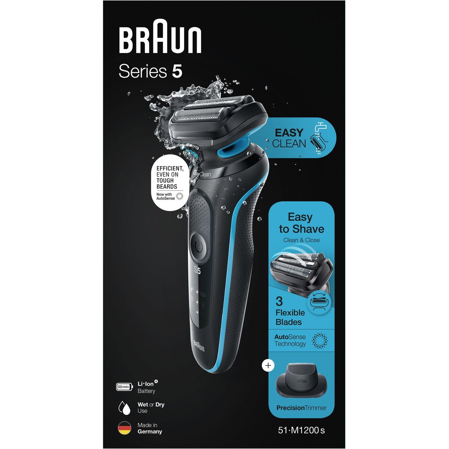 Makinë e rrojës Braun Series 5 51-M1200s, 3 elemente rroje, AutoSense, Wet & Dry, 50 minuta - Zezë/Blu - 6