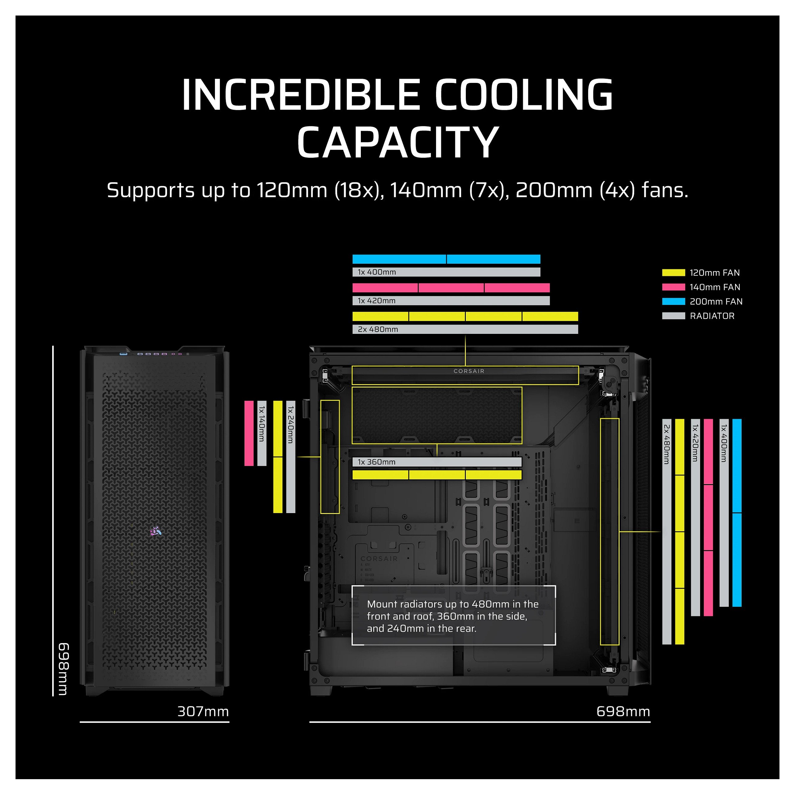 Kasë PC Corsair 9000D RGB AIRFLOW / Super Full Tower / E-ATX + ATX / 18x 120mm Fan Support / Tempered Glass - Zezë - 4
