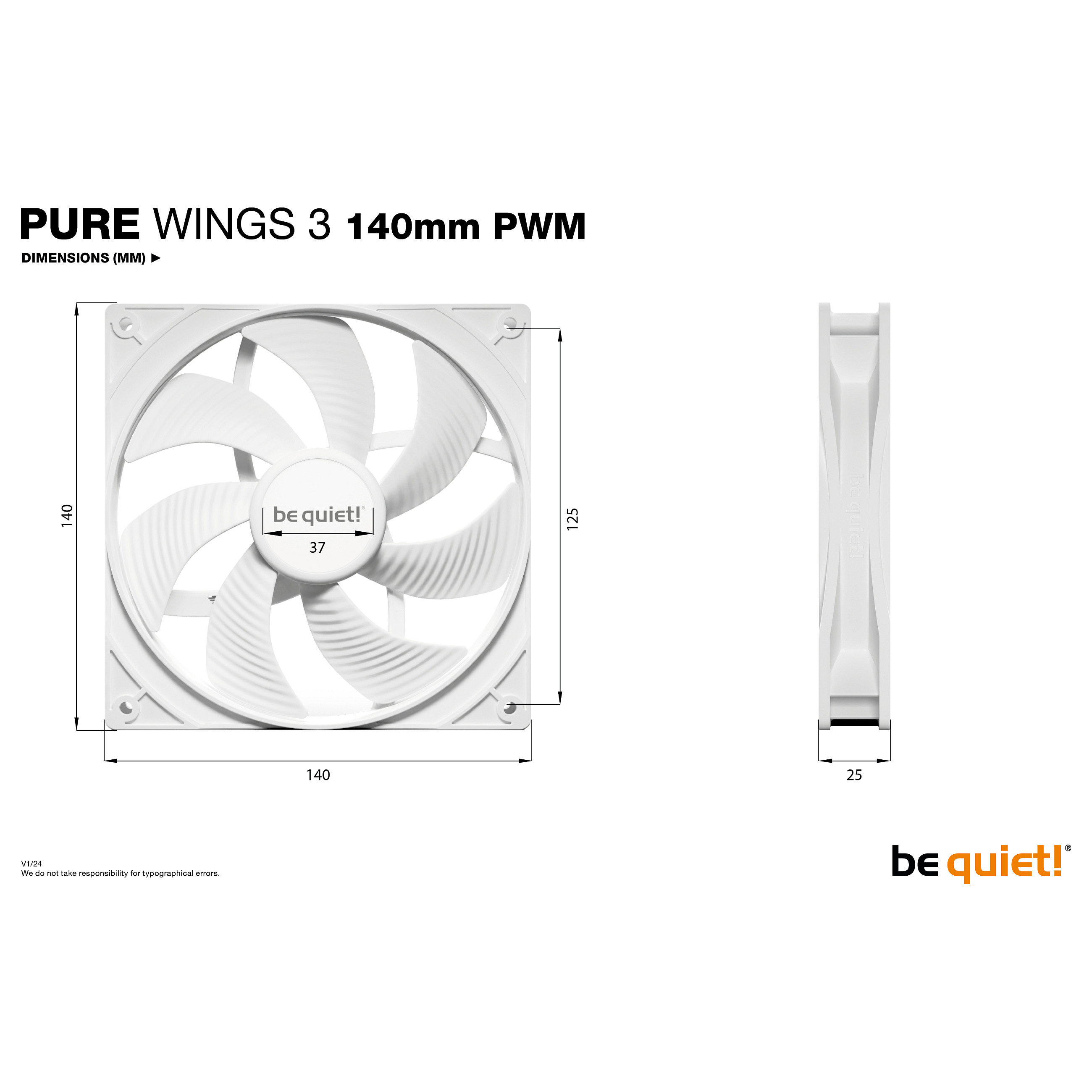 Ftohës për Kasë be quiet! Pure Wings 3 / 140mm / 1200 RPM / PWM – Bardhë - 5