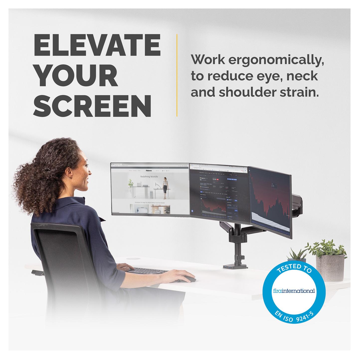 Mbajtëse për Monitor Fellowes Platinum Series 8042601 / 3 Monitorë / 27" / 7kg për Monitor / Gas Spring / Clamp-Grommet / Tilt ±45° / Pan 180° / Rotacion 360° - Zezë - 2