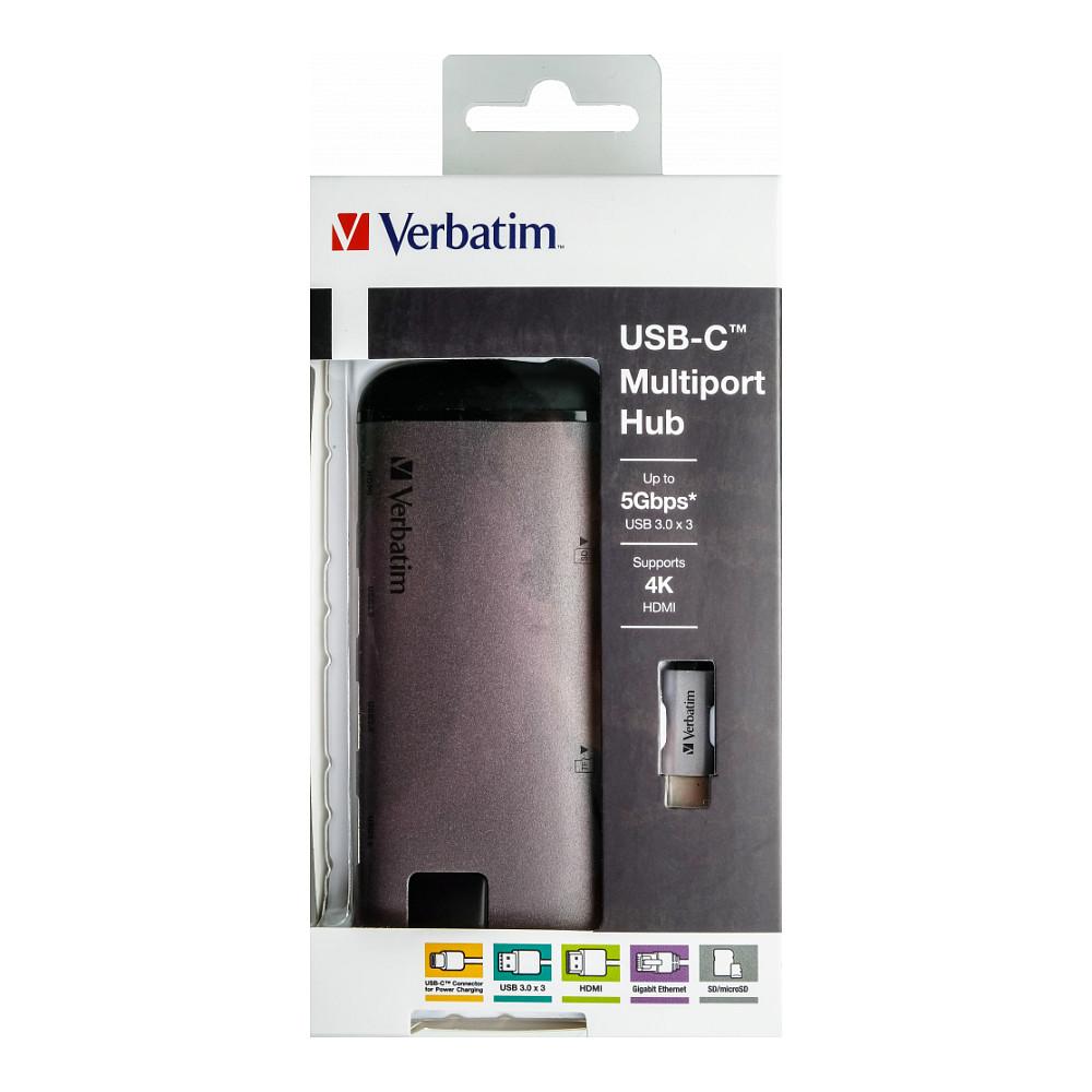Hub USB Verbatim 49142 / USB-C / 3x USB-A / HDMI 4K / RJ45 Gigabit / SD + MicroSD / USB-C PD / 0.15 m - Zezë/Argjend - 2