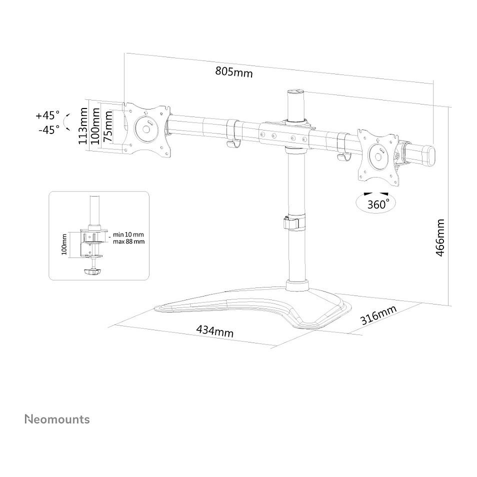 Mbajtëse për Monitor Neomounts NM-D335DBLACK / 2 Monitorë / 10"-27" / 8kg për monitor / VESA 75x75-100x100 - Zezë - 5