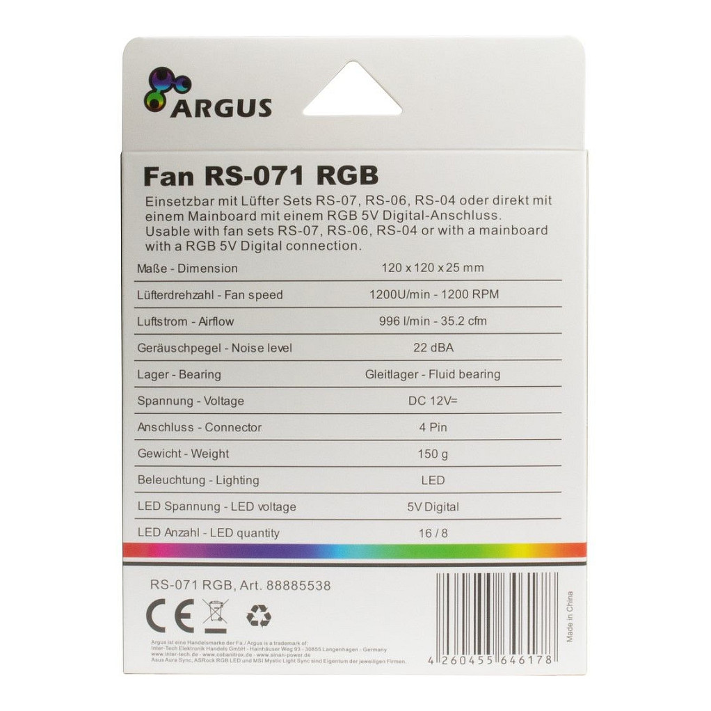 Ftohës për Kasë Inter-Tech Argus RS-071 RGB / 120mm / 25mm / PWM / RGB / 24 LED / Crystal Effect – Zezë - 4