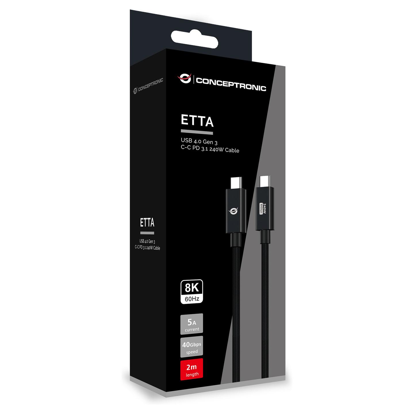 Kabllo USB Conceptronic ETTA04B20 / USB-C në USB-C / USB4 Gen 3x2 / 40 Gbit/s / PD 3.1 240W / E-Mark / 2m - Zezë - 4
