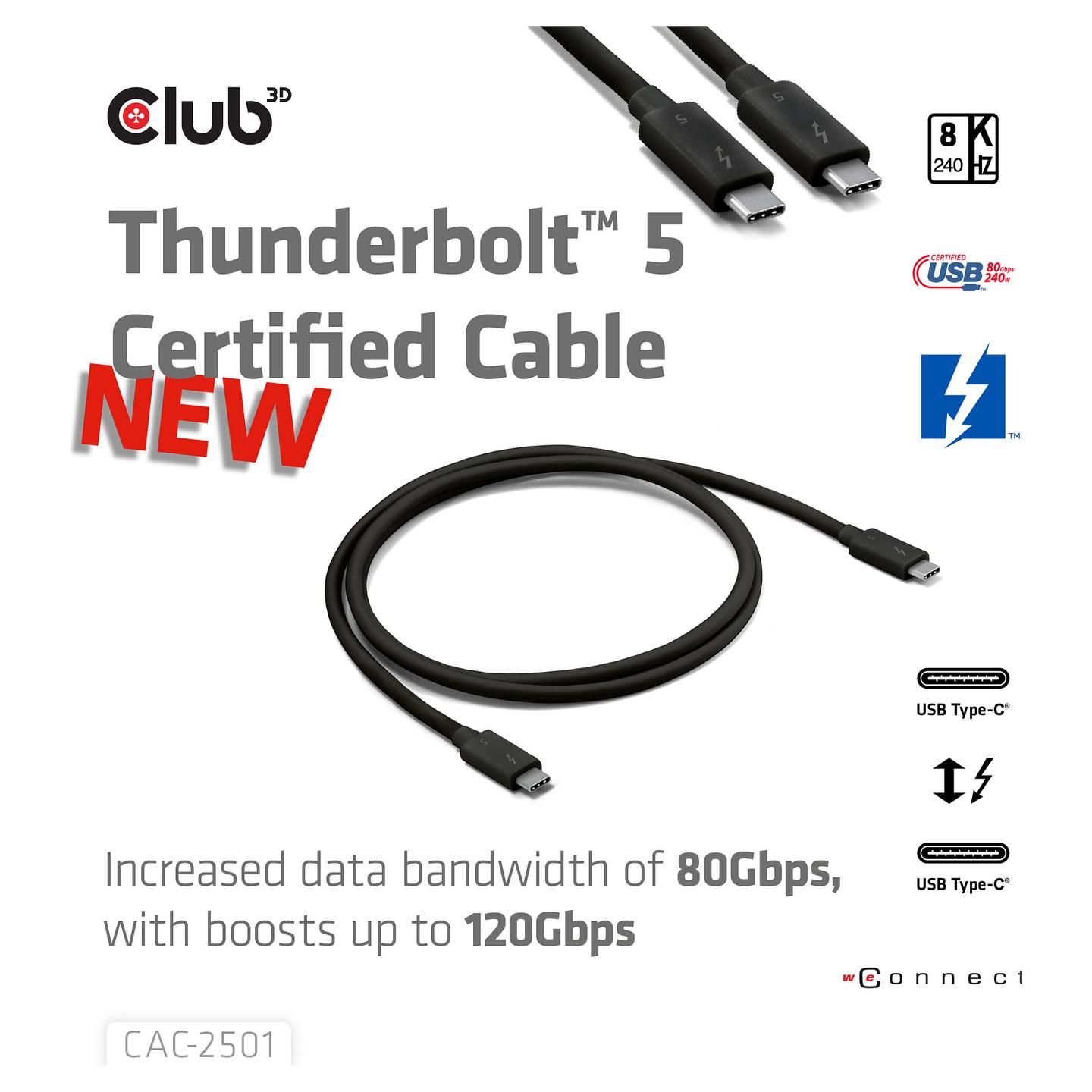Kabllo USB CLUB3D CAC-2501, Thunderbolt 5, USB-C në USB-C, 80/120 Gbit/s, 240W, 1m - Zezë - 2
