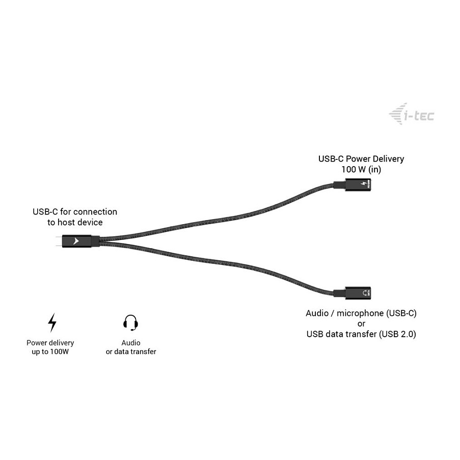 Kabllo USB i-tec C31DUALSPLITTERCBLPD / USB-C / USB-C PD 100W / USB 2.0 / 480Mbps / 0.3m - Zezë - 6