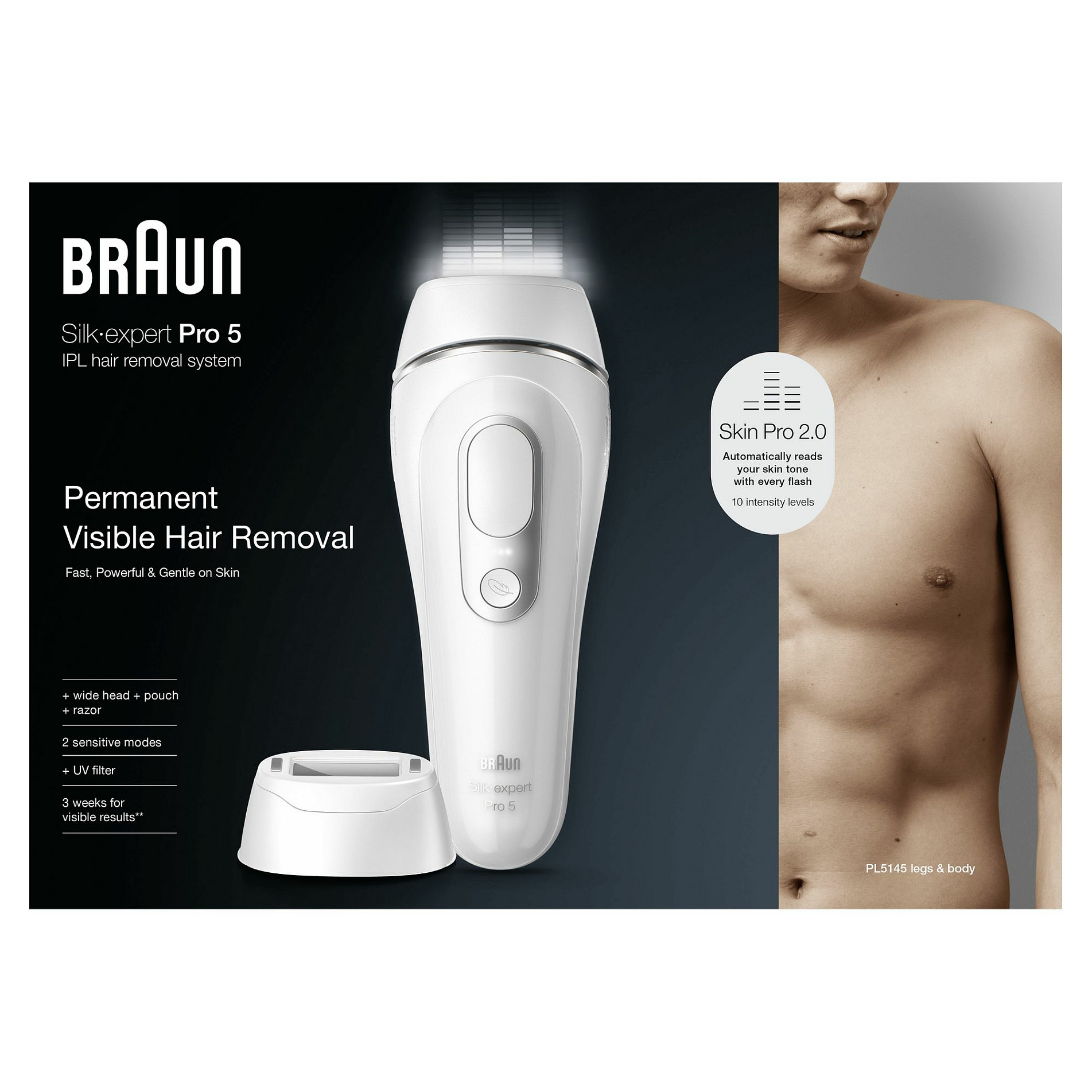 Depilator IPL Braun Silk-expert Pro 5 PL5145 / SkinPro 2.0 / 10 Nivele / 400.000 Flashe / Trup & Fytyrë – Bardhë - 2