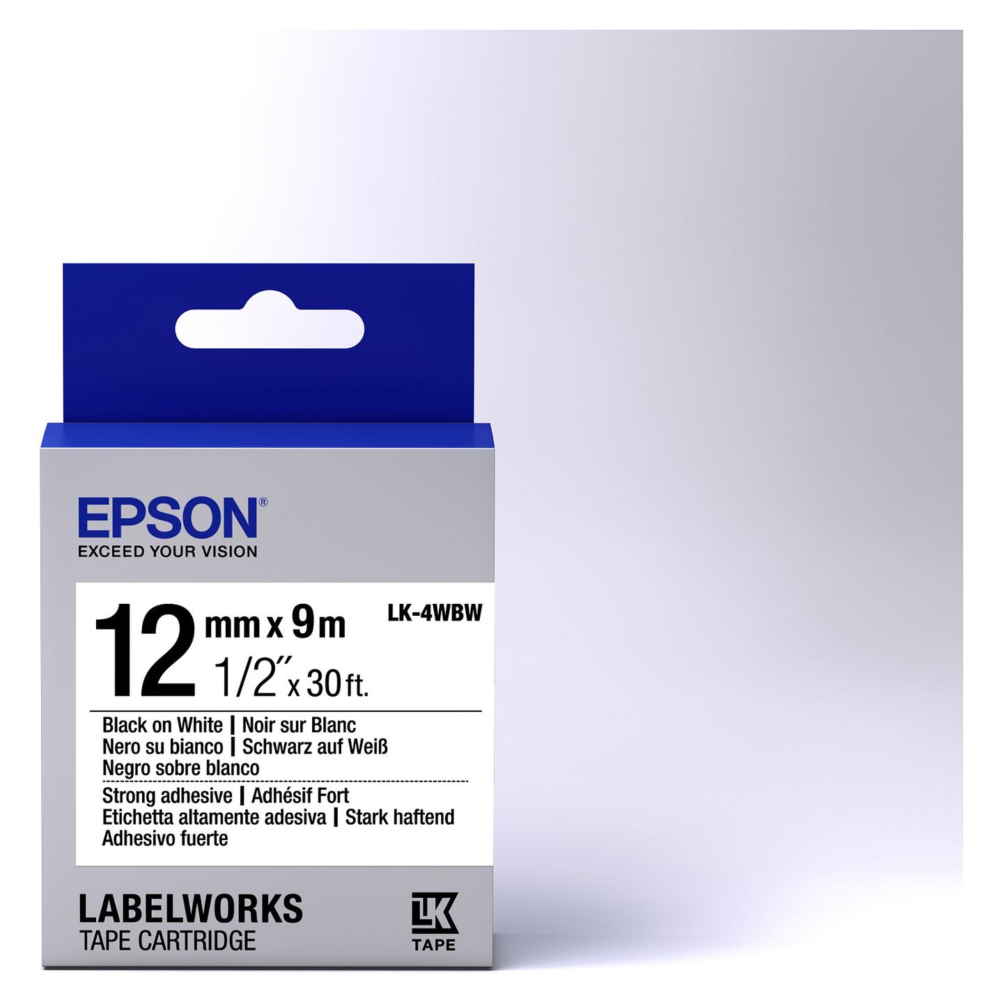 Shirit Etiketash Epson LK-4WBW, 12 mm, 9 m, ngjitje e fortë, tekst i zi në sfond të bardhë - Bardhë - 2