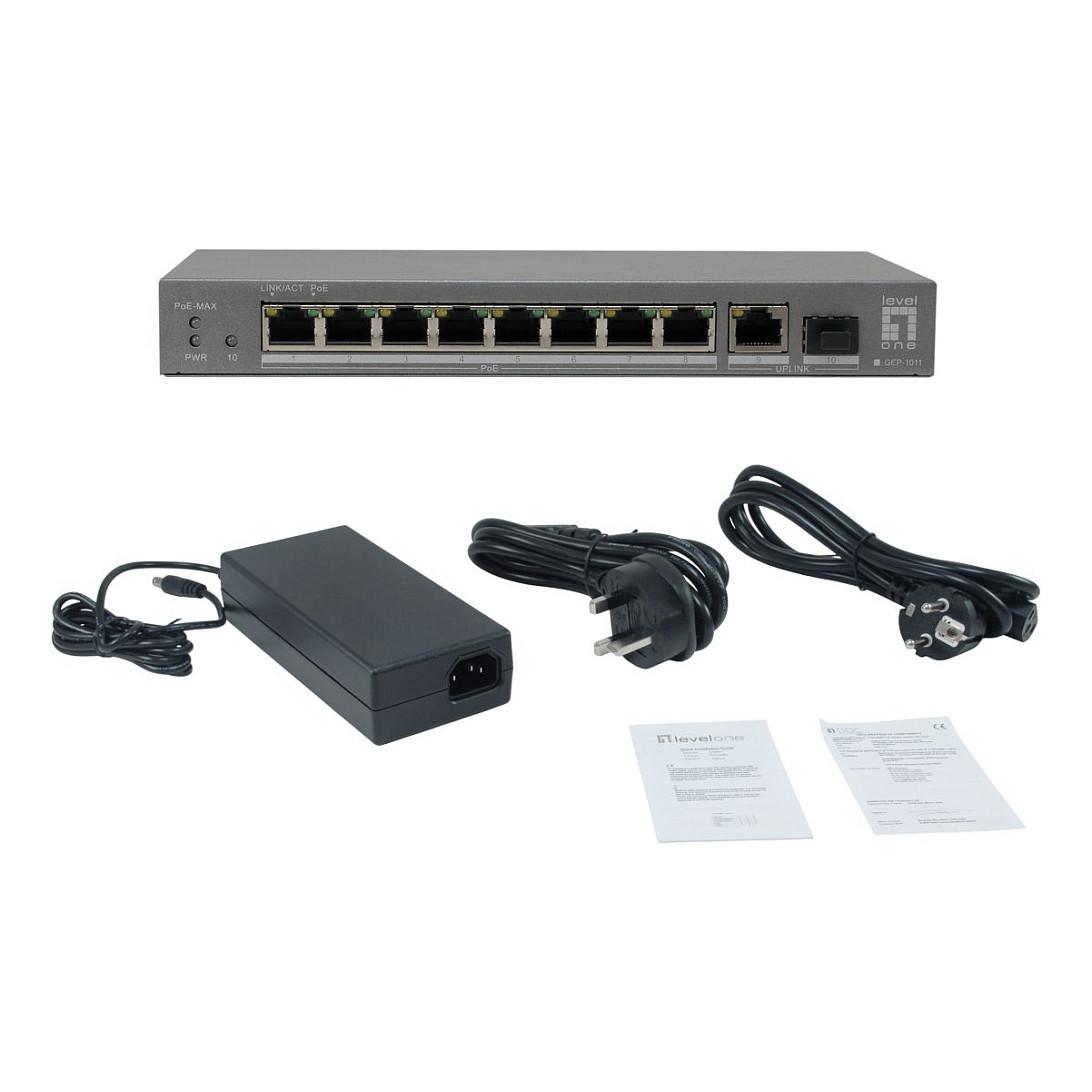 Switch LevelOne GEP-1011, 10 Porta Gigabit, 8x PoE+, 1x RJ-45 Uplink, 1x SFP, 120 W, 20 Gbps, Unmanaged - Hiri - 6