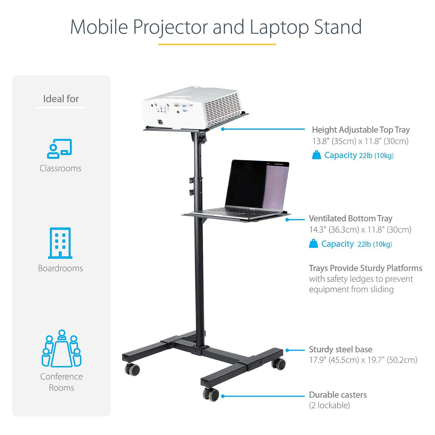 Karrocë Mobile për Projektor dhe Laptop StarTech.com ADJPROJCART, 2 Rafte, 10kg për Raft, Lartësi e Rregullueshme, ±12°, 4 Rrota - Zezë - 13