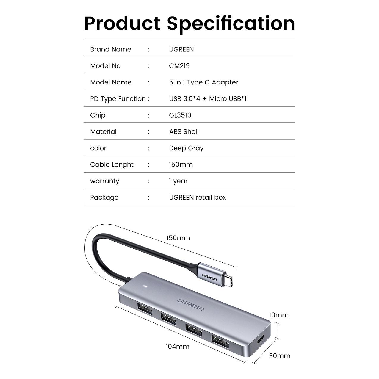Hub USB-C UGREEN 70336, 4x USB-A 3.0, 5Gbps, 15cm - Argjend - 11